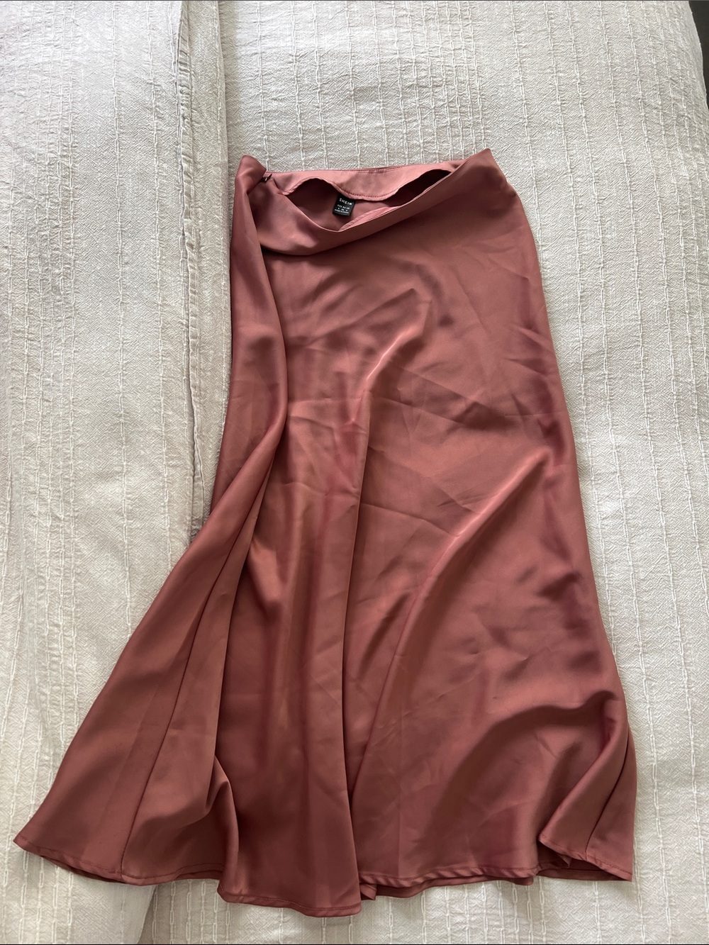 SHEIN Rosewood Satin A-Line Midi Skirt